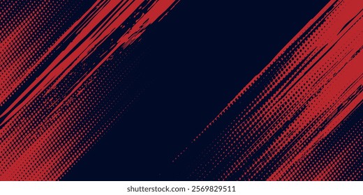 Red halftone dots blue color pattern gradient grunge texture background. Dot pop art comic sport style vector illustration