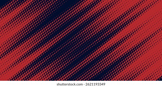 Red halftone dots blue color pattern gradient grunge texture background. Dot pop art comic sport style vector illustration
