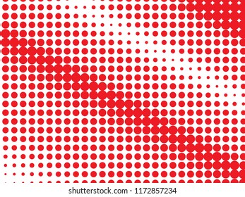 Red halftone dots. Colorful geometric gradient for pop art designs. Geometric vintage monochrome fade wallpaper. Pop art print. Dotted geometric retro pattern. Comic halftone background.