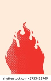 Red Halftone Flame Illustration in Retro Pop Art Style on Beige Background