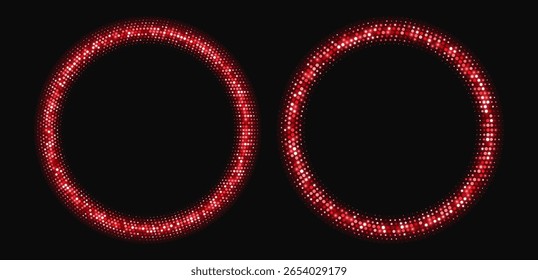 Red halftone frames, glowing circle borders, round pattern with dots, radial disco luxury design element.