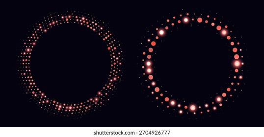 Quadros de meio-tom vermelho, bordas de círculo brilhante, padrão redondo com pontos, elemento de design de luxo disco radial.