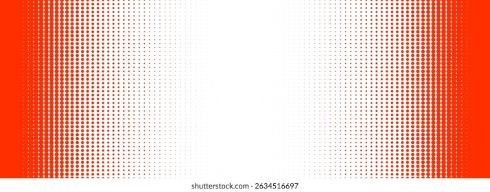 Red halftone gradient texture. Vanishing cartoon polka dot background. Repeated dotted gradation pattern. Fading comic pop art overlay backdrop. Hot orange halfton patern effect wallpaper. Vector