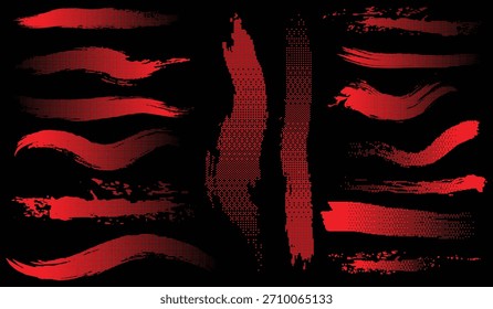 Juego de pinceladas de grunge de semitono rojo sobre fondo negro: Colección de textura de tinta afligida