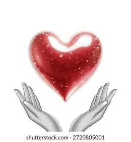 Corazón de semitono rojo sostenido por manos cariñosas sobre fondo blanco. Concepto de amor, Asistencia, caridad, salud, protección, donación y compasión. Ilustración moderna limpia.
