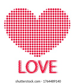 Red halftone heart vector with love text on a white background