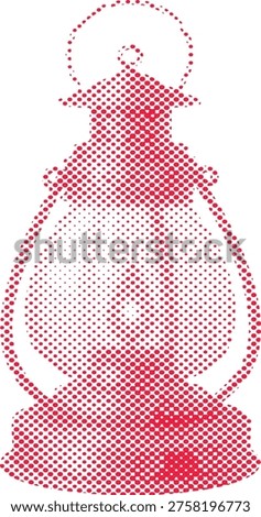 Red halftone illustration of a lamp with a shade on a base with handle and cord decorative lighting fixture in a dotted pattern