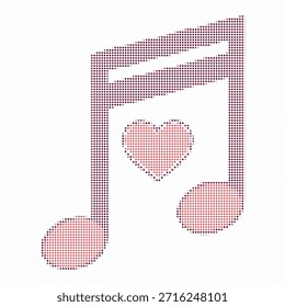 Media nota musical de tono rojo de octava nota con el símbolo del corazón sobre fondo blanco