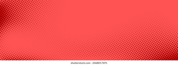 Red halftone pattern. Retro comic gradient background. Bright pixelated dotted texture overlay. Cartoon pop art faded gradient pattern. Vector backdrop for poster, banner, advertisement