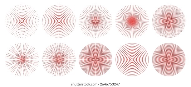Red halftone radial dotted circular shapes collection set of abstract geometric round elements for design background motion illusion pattern distortion illusion burst vector on transparent