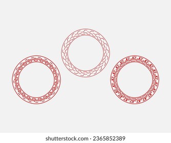 Red halftone round frame. Set of three red abstract line art patterns in circle form. Collection of simple round decorative ornamental border suitable for vintage design.