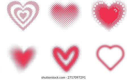 Red halftone vector heart icon set featuring retro pop art dots and halftone for romantic branding, wedding and creative love-themed graphic design.