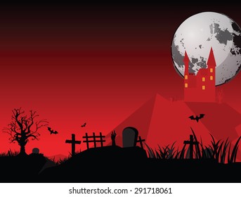 Red Halloween background with full moon in vector