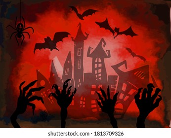 Red Halloween background. Hands monsters from the ground. Vector illustration