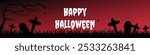 Red Halloween banner featuring coffins, crosses, spiders and a creepy cemetery scene with grass silhouettes