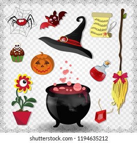 Red halloween cartoon set of various objects for witches isolated on transparent background. Vector icons, clip art, elements for magic witchcraft. Pot, broom, pumpkin, bat, spider, potion, papyrus.