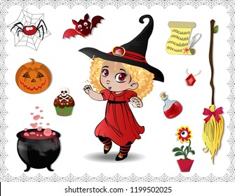 Red halloween cartoon set of various objects for witches and cute little witch girl in costume and hat isolated on white background. Vector icons, clip art, elements for game or character creation.