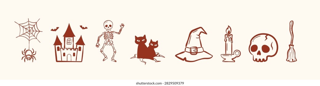 Red Halloween icon strip featuring spider web, haunted castle, skeleton, cats, witch hat, candle, skull and broom.
