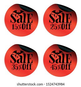 Red Halloween sale stickers set with bat 15, 25, 35, 45 percent off.Vector illustration