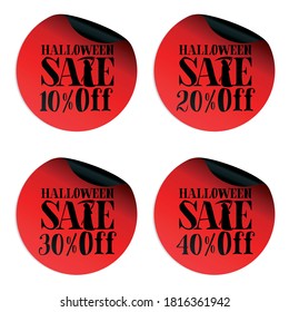 Red Halloween sale stickers set with scytheman 10, 20, 30, 40 percent off. Vector illustration
