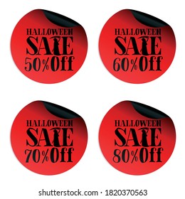 Red Halloween sale stickers set with scytheman 50, 60, 70, 80 percent off. Vector illustration