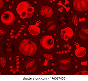 Red Halloween Seamless Pattern Background with Spider, Skull, Pumpkin, Candy, Bones and Eye