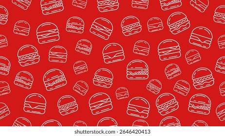 Red hamburger background. Seamless pattern of burger doodle line art. Packaging, wrapper, banner, wallpaper