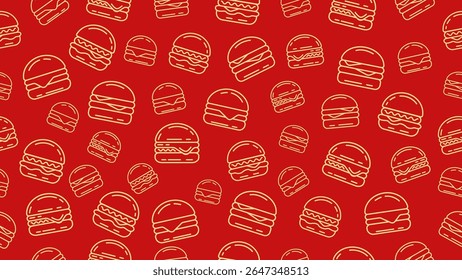 Fundo de hambúrguer vermelho. Padrão contínuo de estilo de arte de linha de garatuja hambúrguer. Embalagem, embalagem, banner, papel de parede