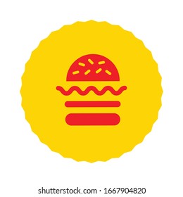 Red hamburger icon on yellow sticker label stamp fast food vector symbol