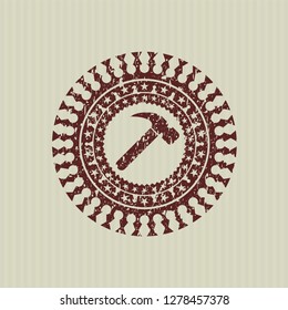 Red hammer icon inside distress grunge style stamp