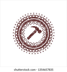 Red hammer icon inside distress rubber grunge texture stamp