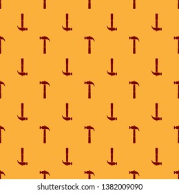 Red Hammer icon isolated seamless pattern on brown background. Tool for repair. Flat design. Vector Illustration