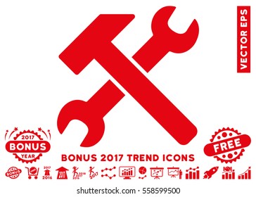 Red Hammer And Wrench icon with bonus 2017 trend pictograms. Vector illustration style is flat iconic symbols, white background.