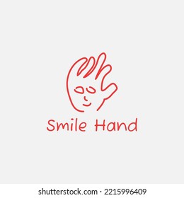Red hand abstract logo with smiling face negative space.