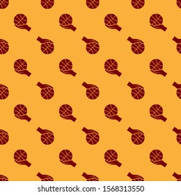 Red Hand with basketball ball icon isolated seamless pattern on brown background. Sport symbol.  Vector Illustration