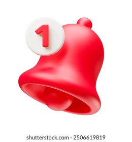 Red hand bell in 3d realistic style. Vector illustration of red ringing bell. Message symbol. Social media communication. New notification. Chime isolated on white background