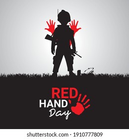 Red Hand Day. Child Soldier Black Background