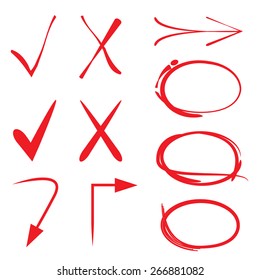red hand draw arrows, lines and check marks