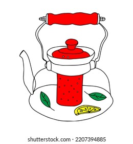 Red hand drawing illustration of a transparent glass tea kettle with green leaves and a yellow lemon slice isolated on a white background