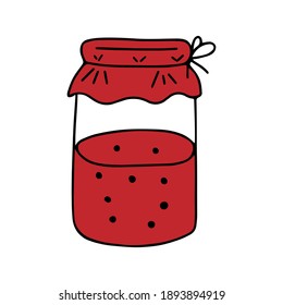A Red hand drawing vector illustration of a glass transparent jar with cherry jam or compote isolated on a white background