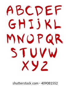 red hand drawn alphabet bloody abc letters on white lipstick calligraphy