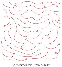 Red Hand drawn arrow collection. Set of red hand drawn arrow element vector. Collection of doodle arrows, lines, symbol, pointing mark. Grunge curved arrows set for business plan, presentation .