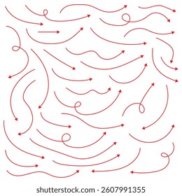 Red Hand drawn arrow collection. Set of red hand drawn arrow element vector. Collection of doodle arrows, lines, symbol, pointing mark. Grunge curved arrows set for business plan, presentation .