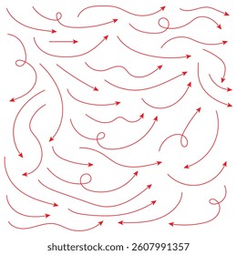 Red Hand drawn arrow collection. Set of red hand drawn arrow element vector. Collection of doodle arrows, lines, symbol, pointing mark. Grunge curved arrows set for business plan, presentation .