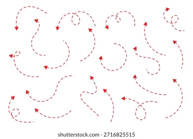 vermelho Mão desenhada seta traço ponto linha doodle vetor conjunto. Ícones de setas de vetor curvas traçadas à mão tracejadas . eps 10