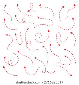 vermelho Mão desenhada seta traço ponto linha doodle vetor conjunto. Ícones de setas de vetor curvas traçadas à mão tracejadas . eps 10