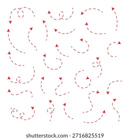 vermelho Mão desenhada seta traço ponto linha doodle vetor conjunto. Ícones de setas de vetor curvas traçadas à mão tracejadas . eps 10