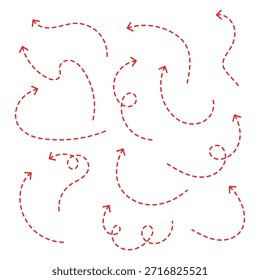 vermelho Mão desenhada seta traço ponto linha doodle vetor conjunto. Ícones de setas de vetor curvas traçadas à mão tracejadas . eps 10