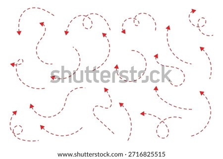 red Hand drawn arrow dash dot line doodle vector set. Dashed hand drawn curved vector arrows icons . eps 10