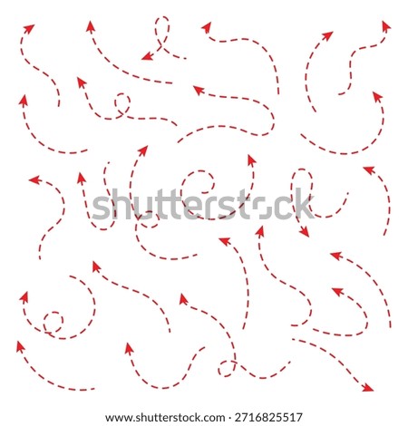 red Hand drawn arrow dash dot line doodle vector set. Dashed hand drawn curved vector arrows icons . eps 10